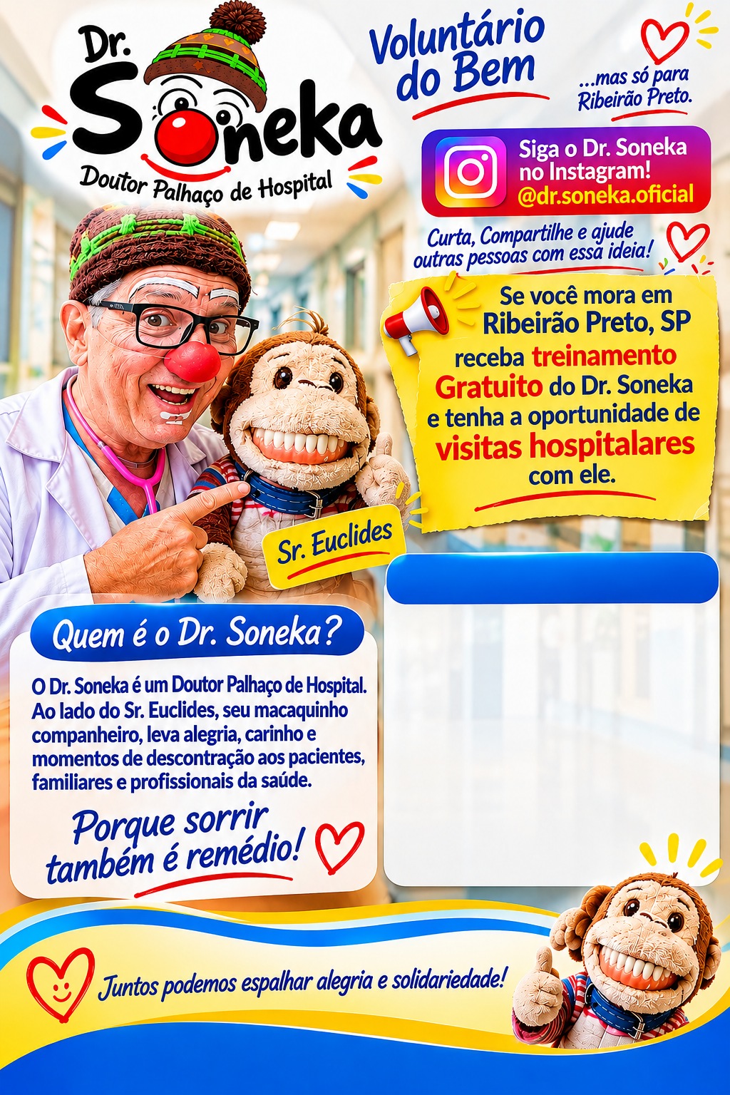 Layout completo do Dr. Soneka, com Sr. Euclides, convite ao voluntariado, informações do projeto e espaço reservado para o formulário